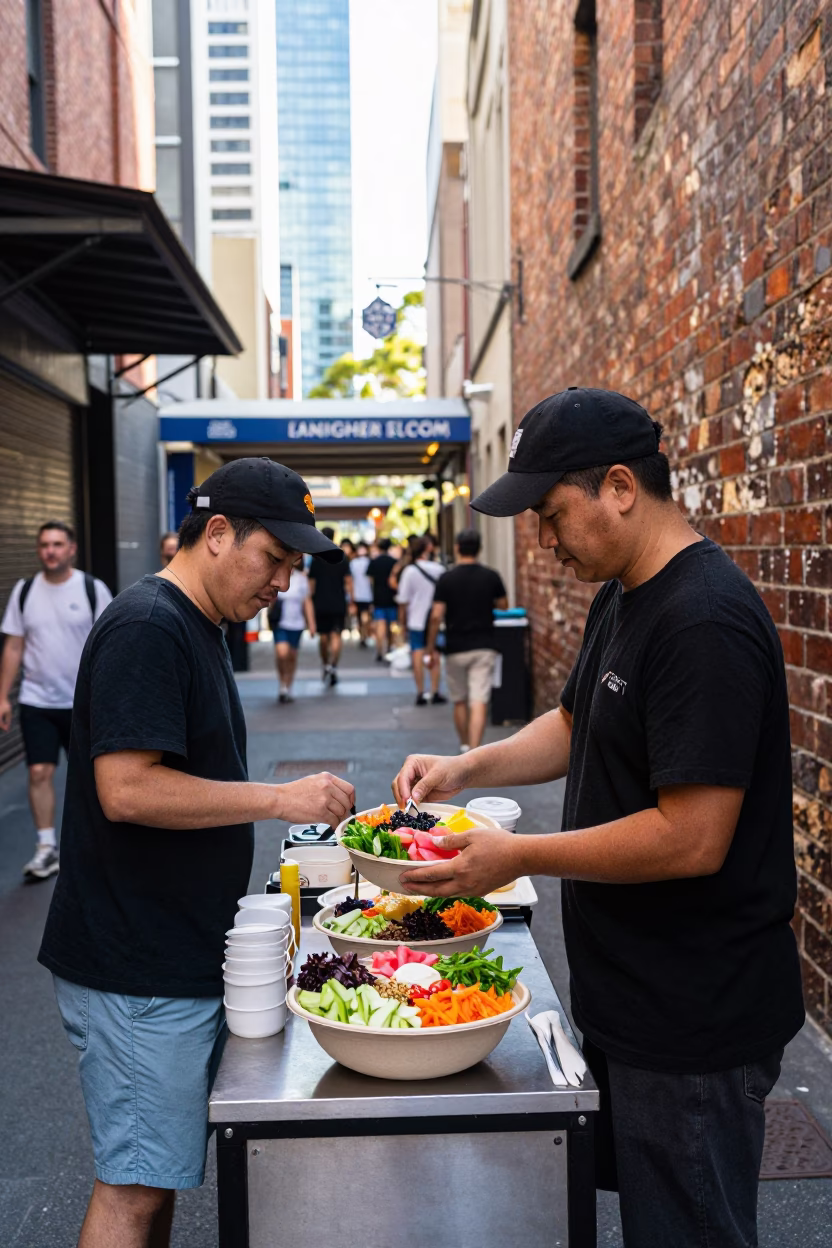Melbourne laneway street food vendor serving fresh poke bowl in late afternoon light in in Melbourne, Victoria, Australia