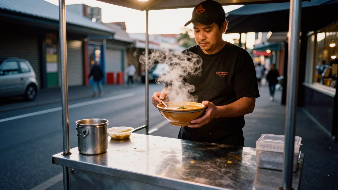 Melbourne laneway street food vendor serving harira soup at sunset in Victoria Australia in in Melbourne, Victoria, Australia