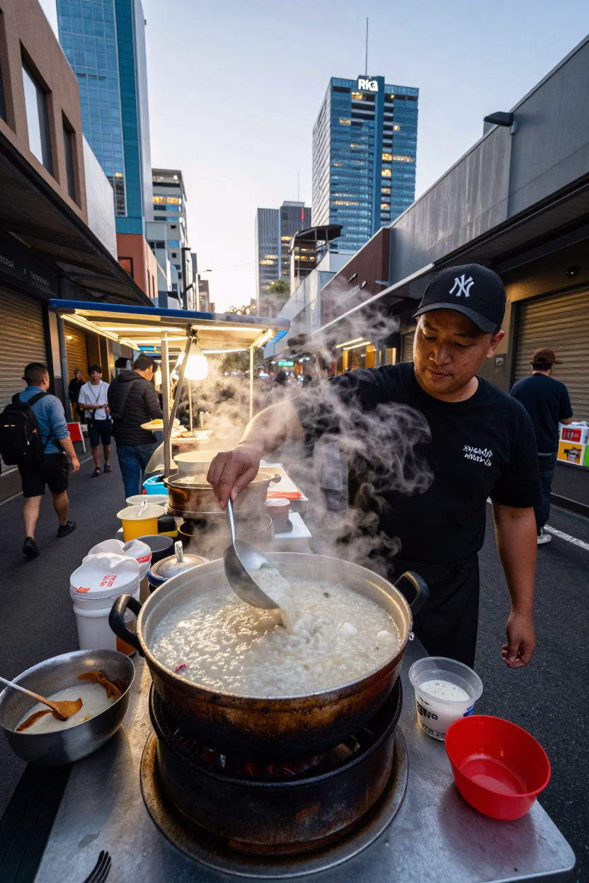 Melbourne laneway street food vendor serving hot porridge and tea at dawn in in Melbourne, Victoria, Australia