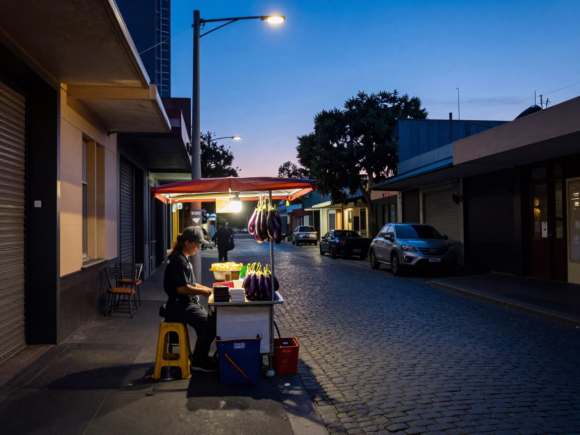 Melbourne laneway street photography at nautical dawn with eggplants and gardenia bush in in Melbourne, Victoria, Australia
