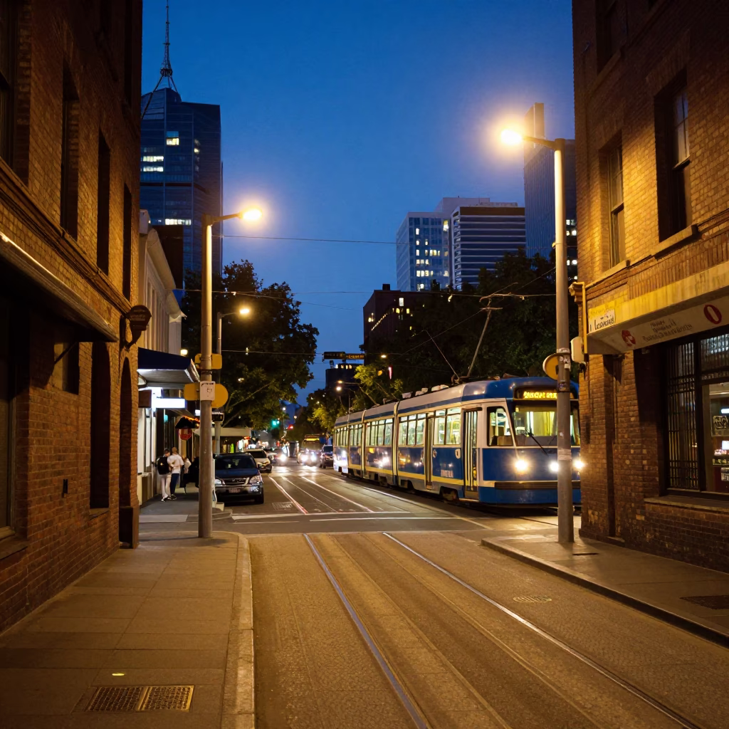 Melbourne Laneway Street Scene at Dusk with Tram and Urban Architecture in in Melbourne, Victoria, Australia