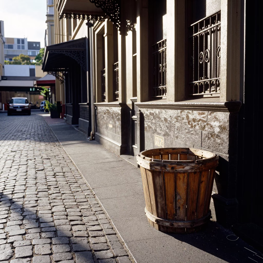 Melbourne laneway street scene with peg basket and urban architecture in late morning light in in Melbourne, Victoria, Australia