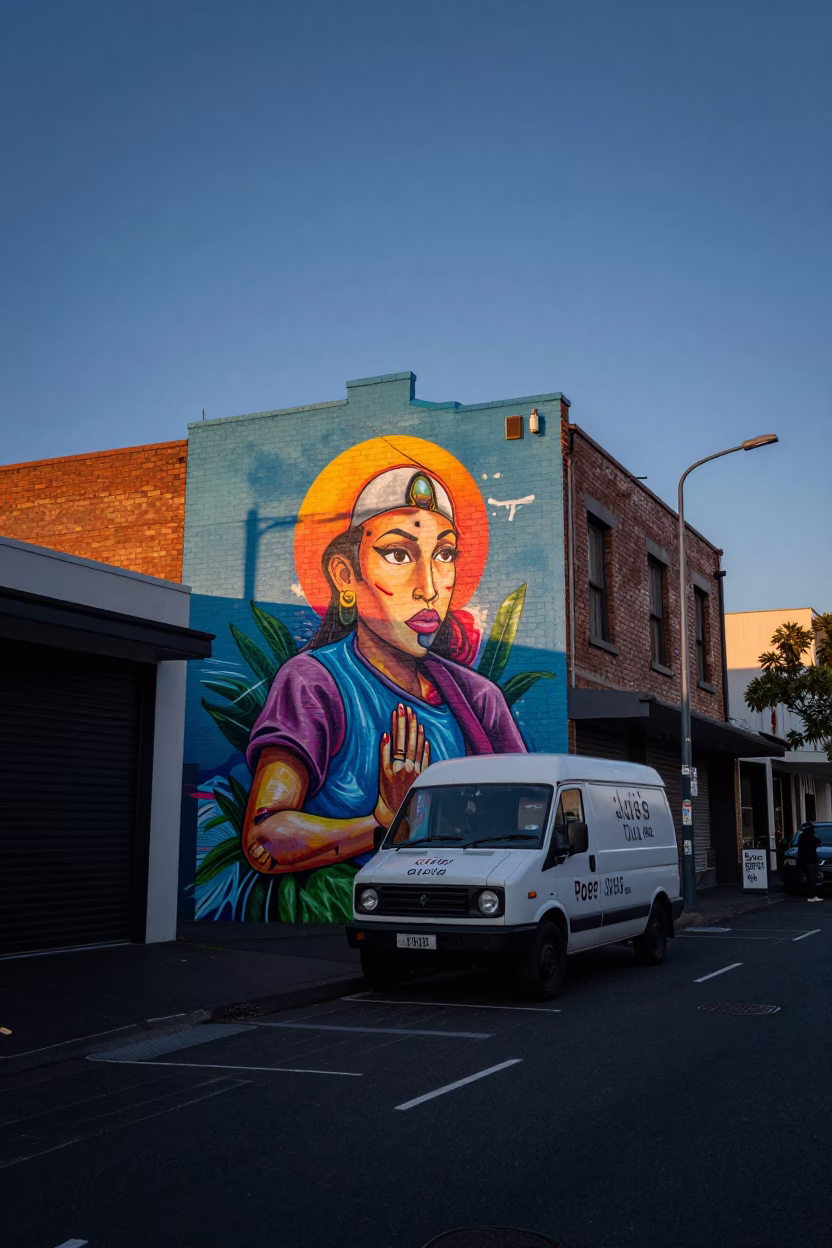 Melbourne laneway sunrise street art mural and coffee van scene in in Melbourne, Victoria, Australia