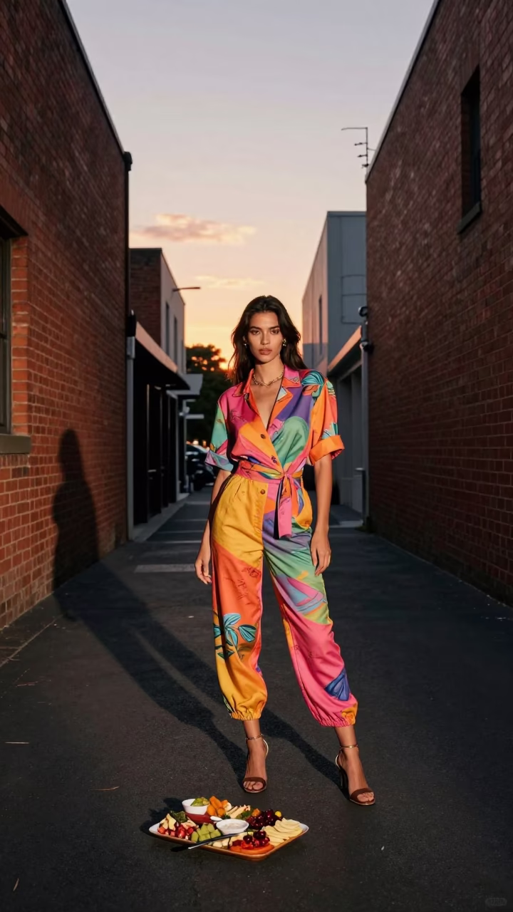 Melbourne Laneway Sunset Fashion Model with Mezze Platter and Urban Street Style in in Melbourne, Victoria, Australia
