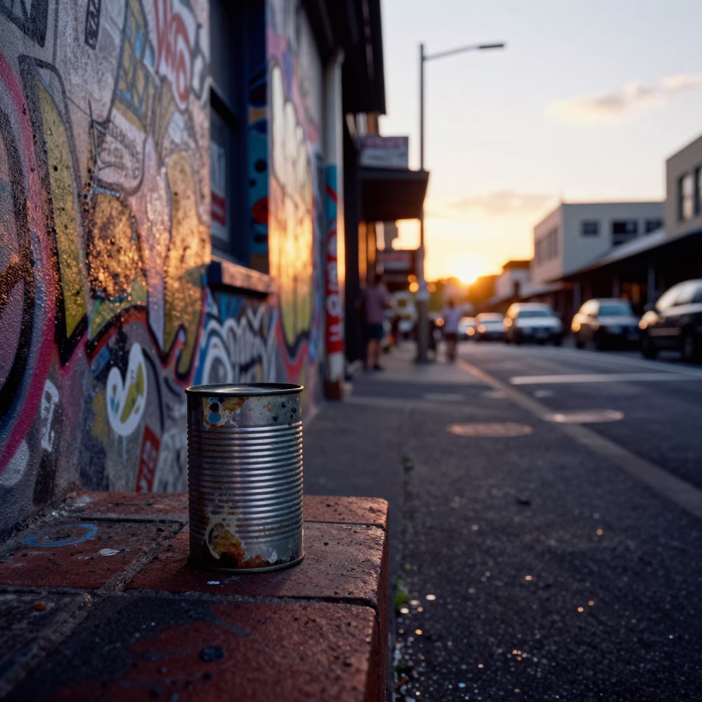 Melbourne laneway sunset street photography with pin tin and urban decay in in Melbourne, Victoria, Australia