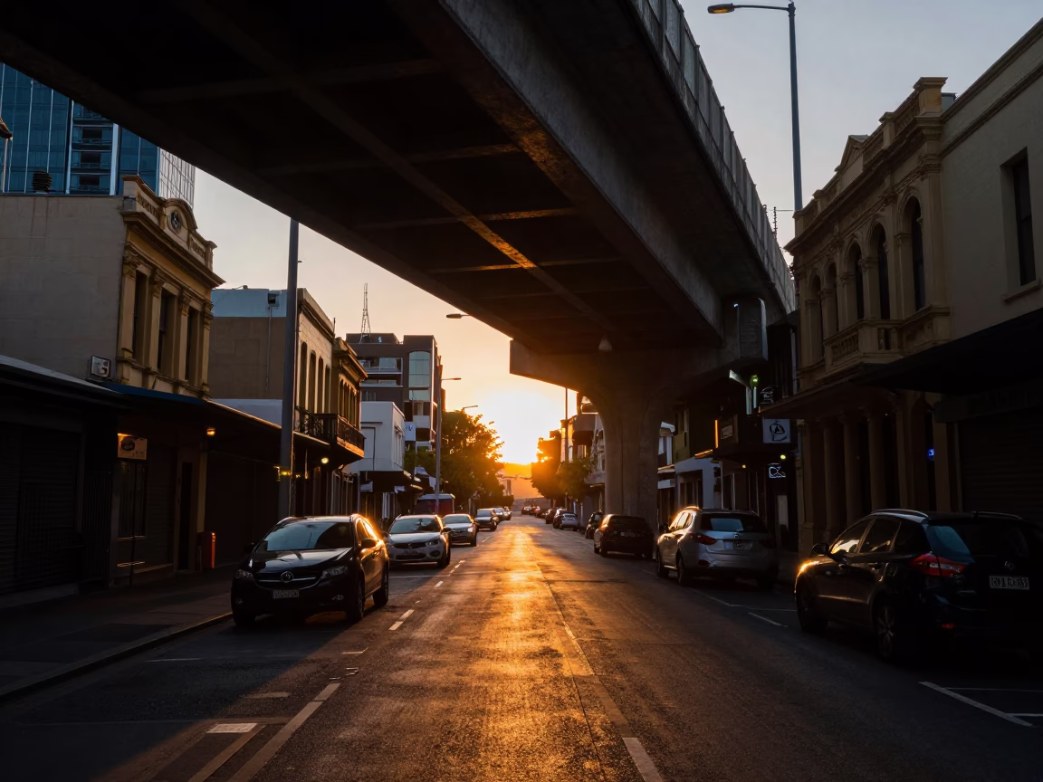 Melbourne laneway sunset traffic shadows and historic architecture in in Melbourne, Victoria, Australia