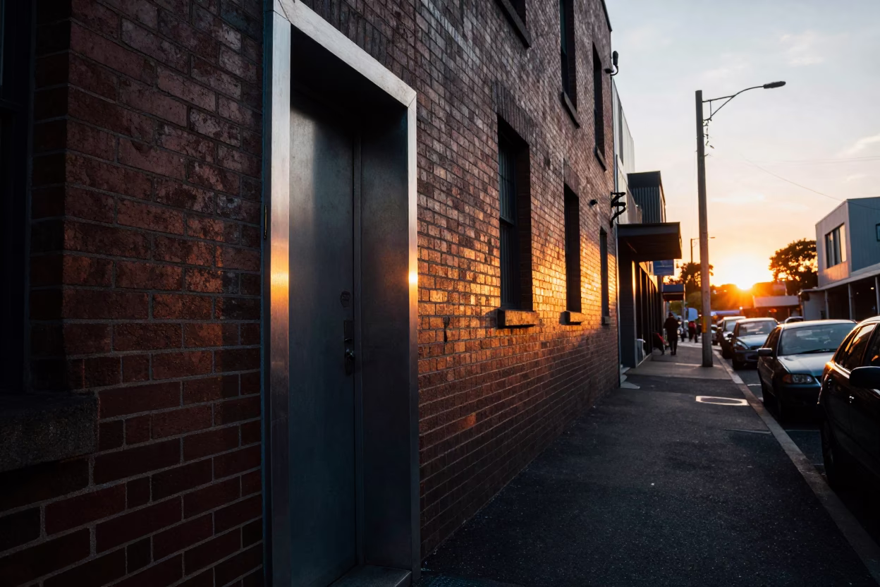 Melbourne Laneway Sunset with Brushed Steel Doorframe and Urban Decay in in Melbourne, Victoria, Australia