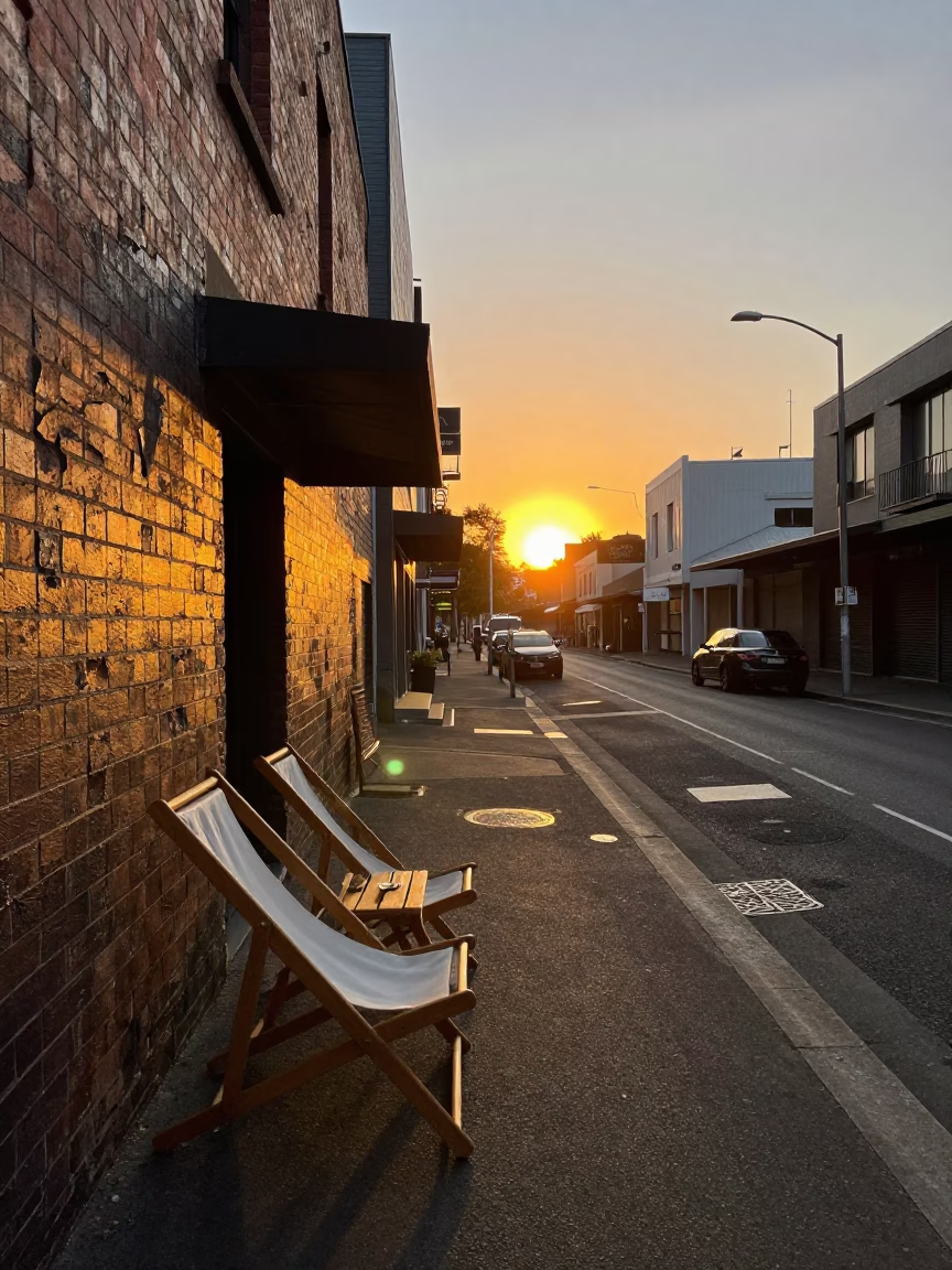 Melbourne Laneway Sunset with Deck Chairs and Urban Street Life in in Melbourne, Victoria, Australia