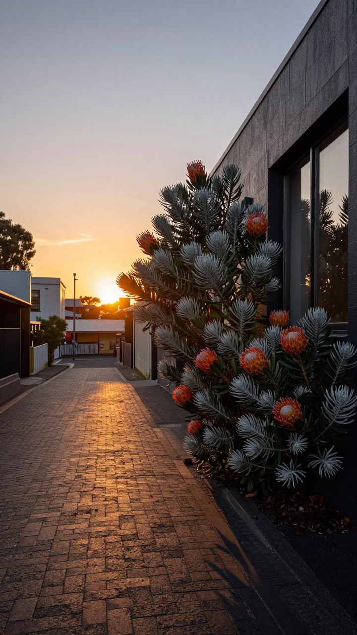 Melbourne Laneway Sunset with Protea Bush and Preschool Window Display in in Melbourne, Victoria, Australia