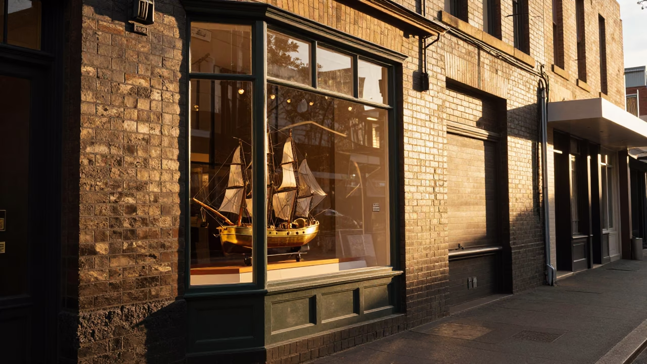 Melbourne laneway sunset with vintage shop window display and street life in in Melbourne, Victoria, Australia