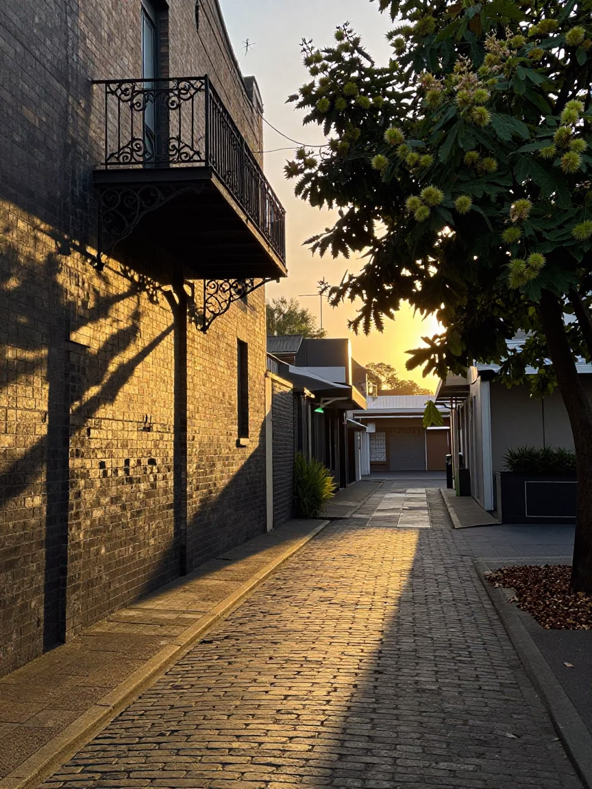 Melbourne Laneway Sunset with Wicker Shadow and Chestnut Husks in in Melbourne, Victoria, Australia
