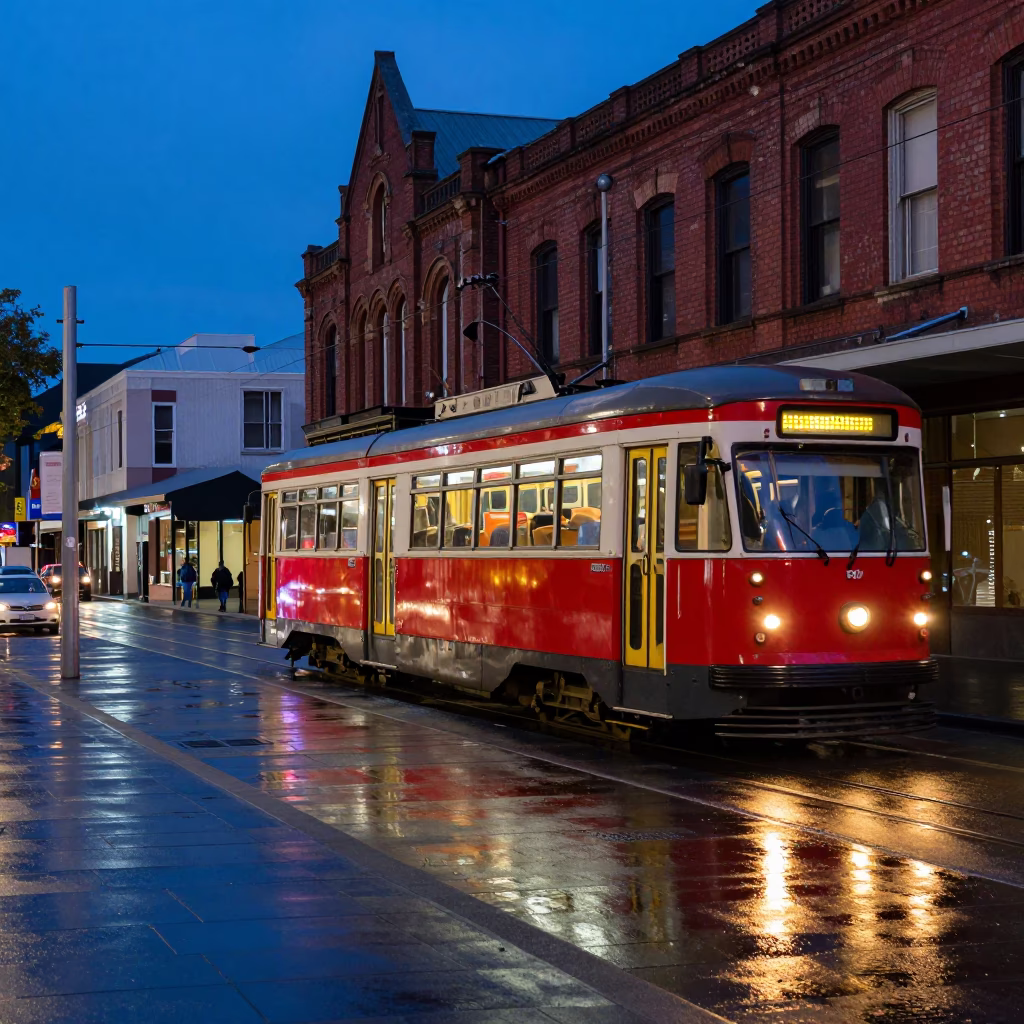 Melbourne Laneway Tram and Neon Reflections During Blue Hour in Victoria Australia in in Melbourne, Victoria, Australia