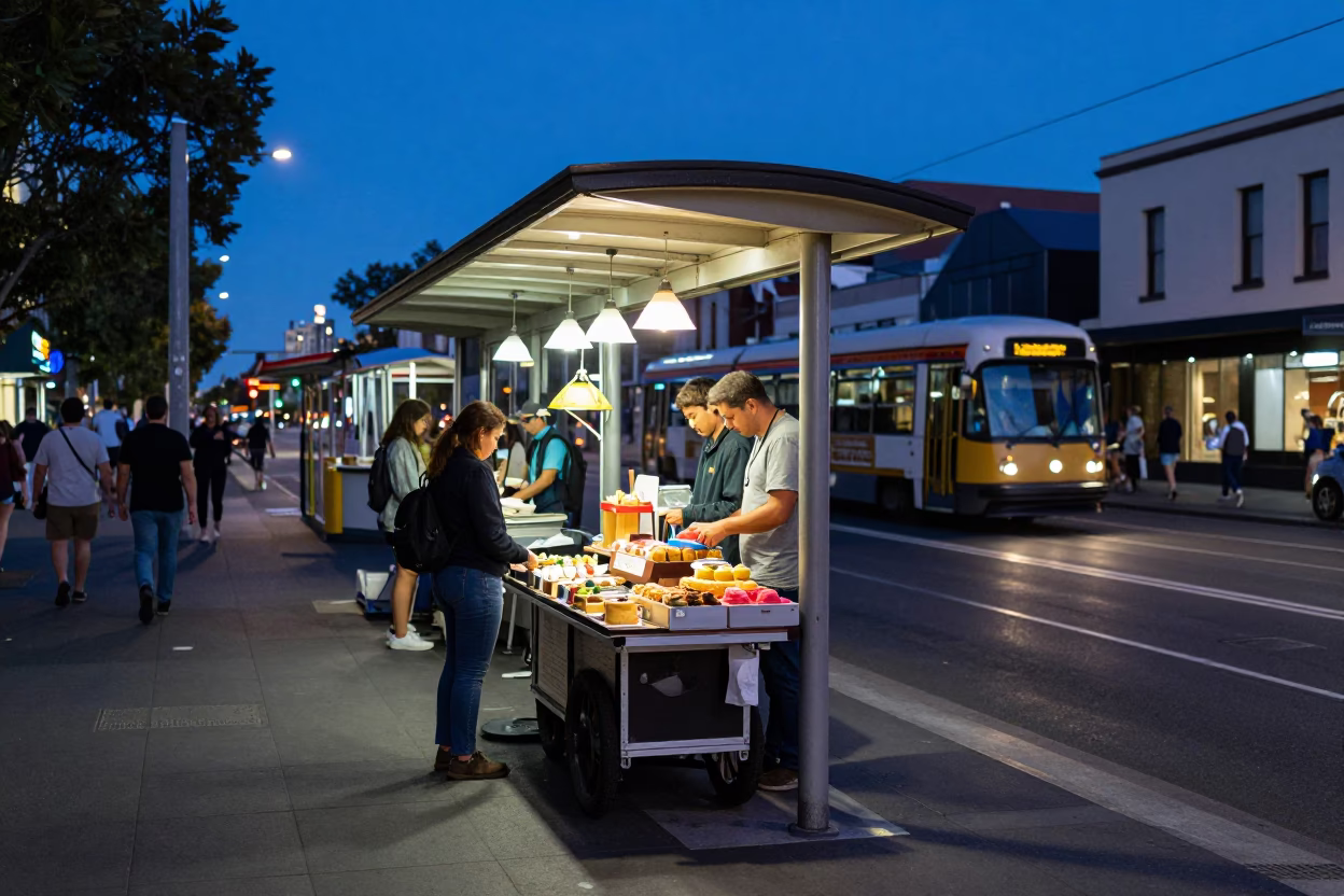 Melbourne laneway tram stop at blue hour with pastries and street life in in Melbourne, Victoria, Australia