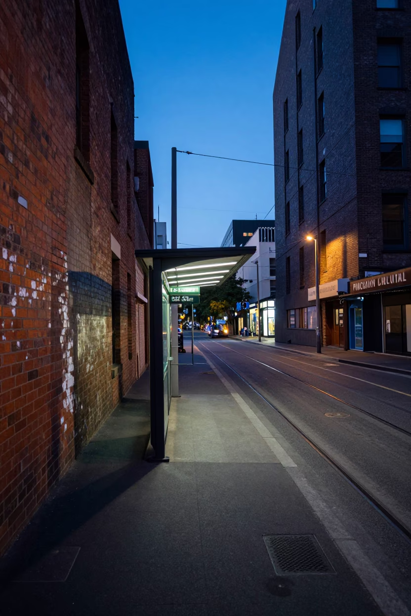 Melbourne Laneway Tram Stop Indigo Twilight Urban Street Photography in in Melbourne, Victoria, Australia
