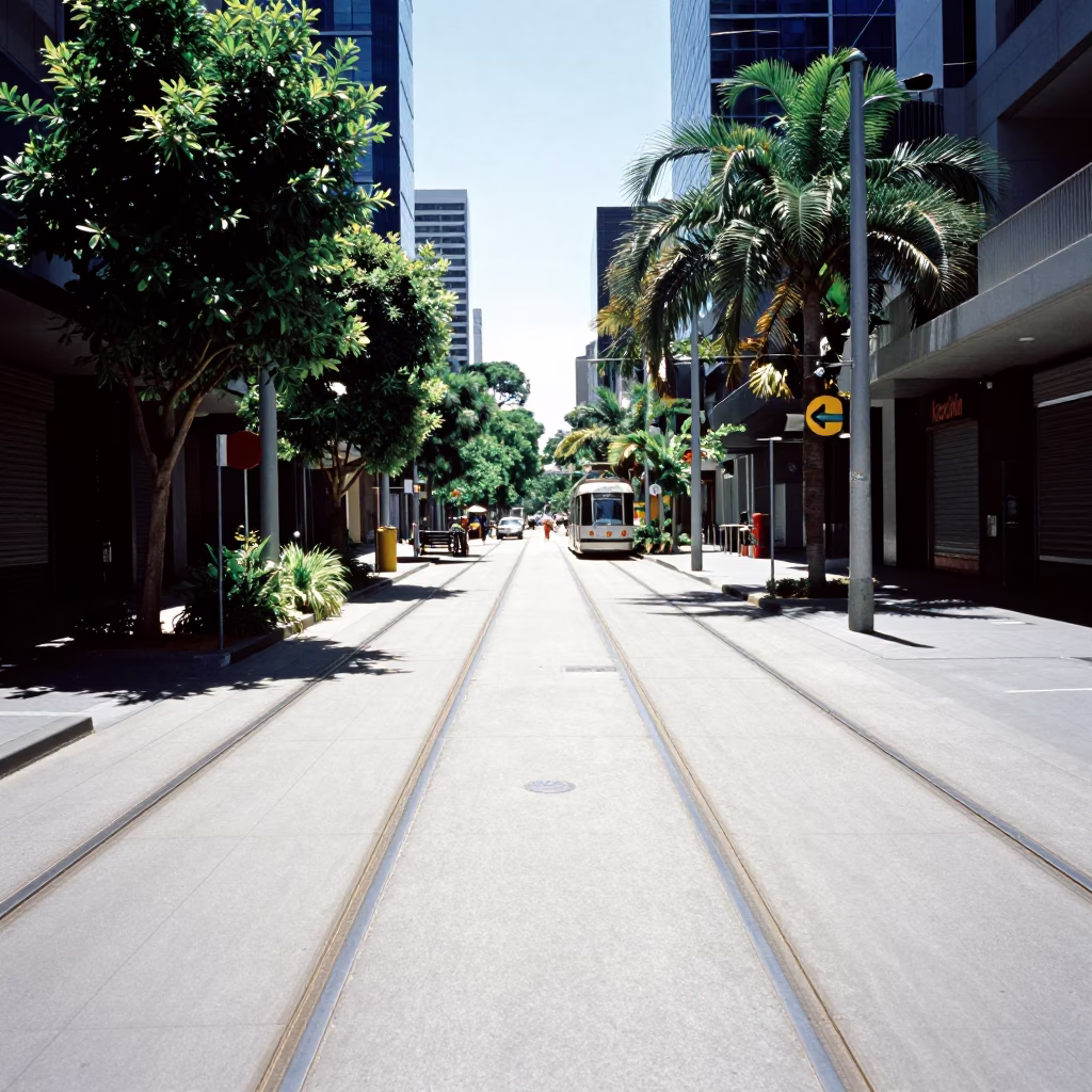 Melbourne Laneway Tram Tracks Noon Sunlight Concrete and Greenery in in Melbourne, Victoria, Australia