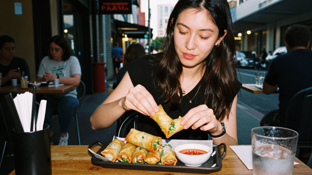 Melbourne Laneway Twilight Dining with Spring Rolls and Dipping Sauce in in Melbourne, Victoria, Australia