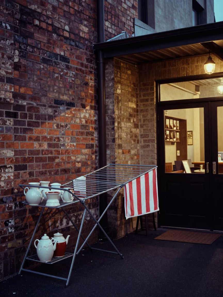 Melbourne laneway twilight scene with drying rack and ceramic cup in Victorian city in in Melbourne, Victoria, Australia