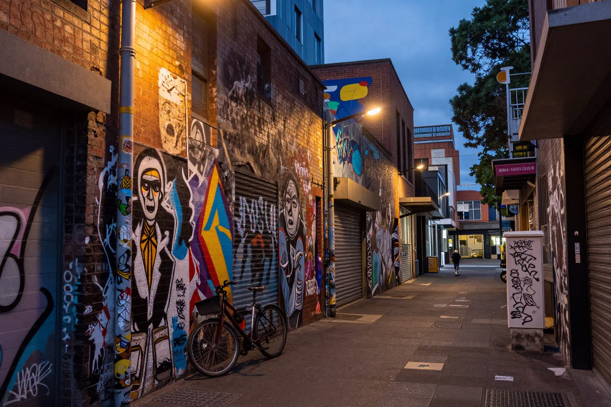 Melbourne Laneway Twilight Street Art and Urban Life in Victoria Australia in in Melbourne, Victoria, Australia