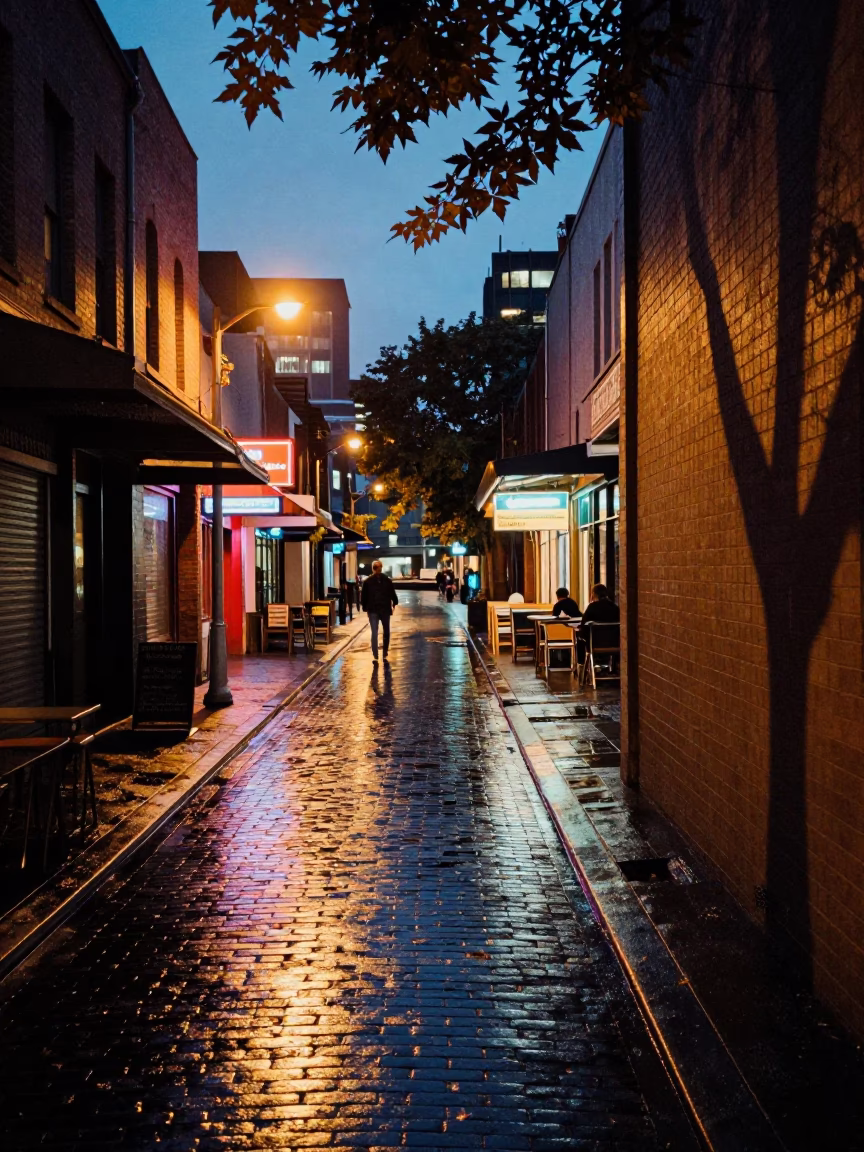 Melbourne Laneway Twilight Street Scene with Leaf Shadows and Clipboard in in Melbourne, Victoria, Australia