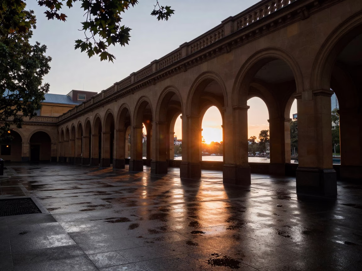 Melbourne Laneway University Arcade Sunset with Wet Leaves and Street Life in in Melbourne, Victoria, Australia