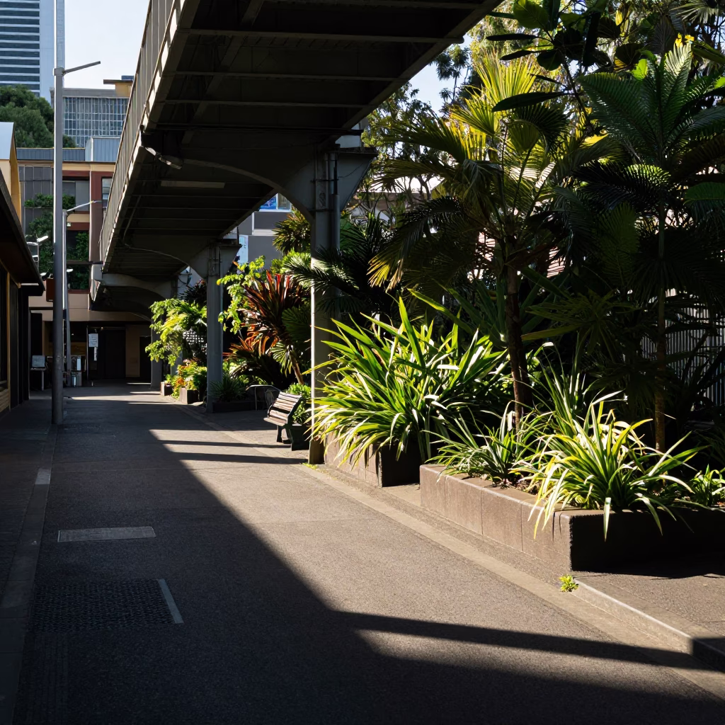 Melbourne Laneway Viaduct Shadow and Allotment Gardens in Early Afternoon Light in in Melbourne, Victoria, Australia