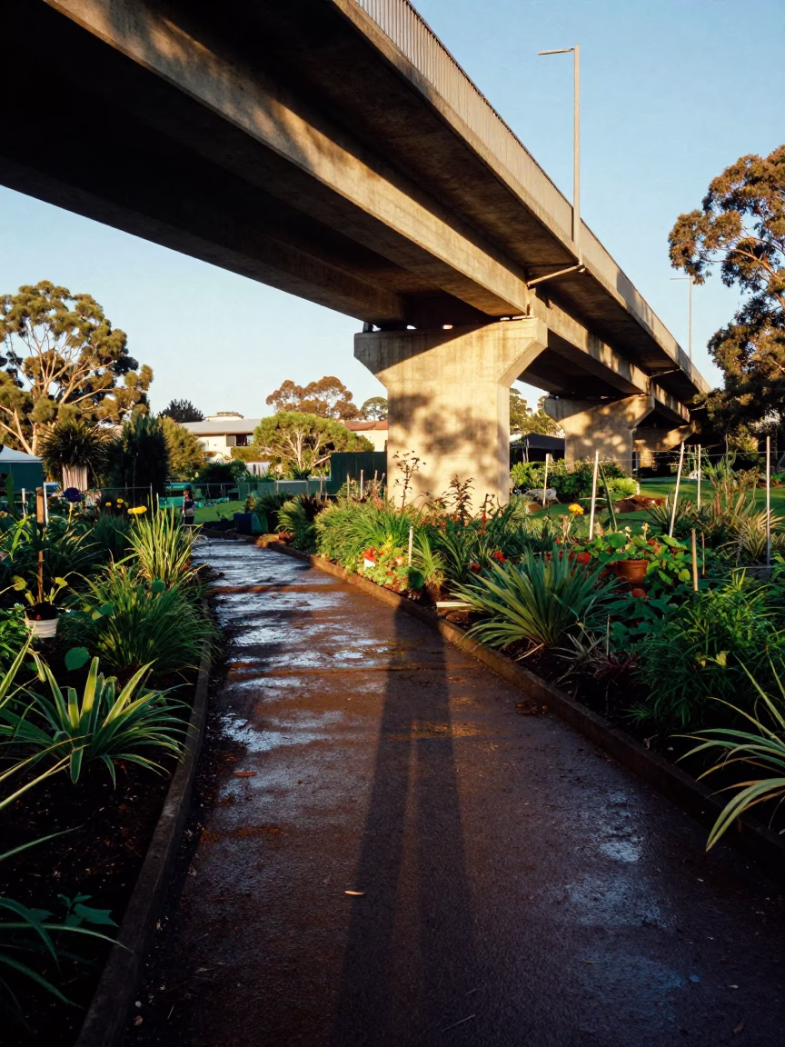 Melbourne Laneway Viaduct Shadow Over Allotment Gardens in Late Afternoon Light in in Melbourne, Victoria, Australia
