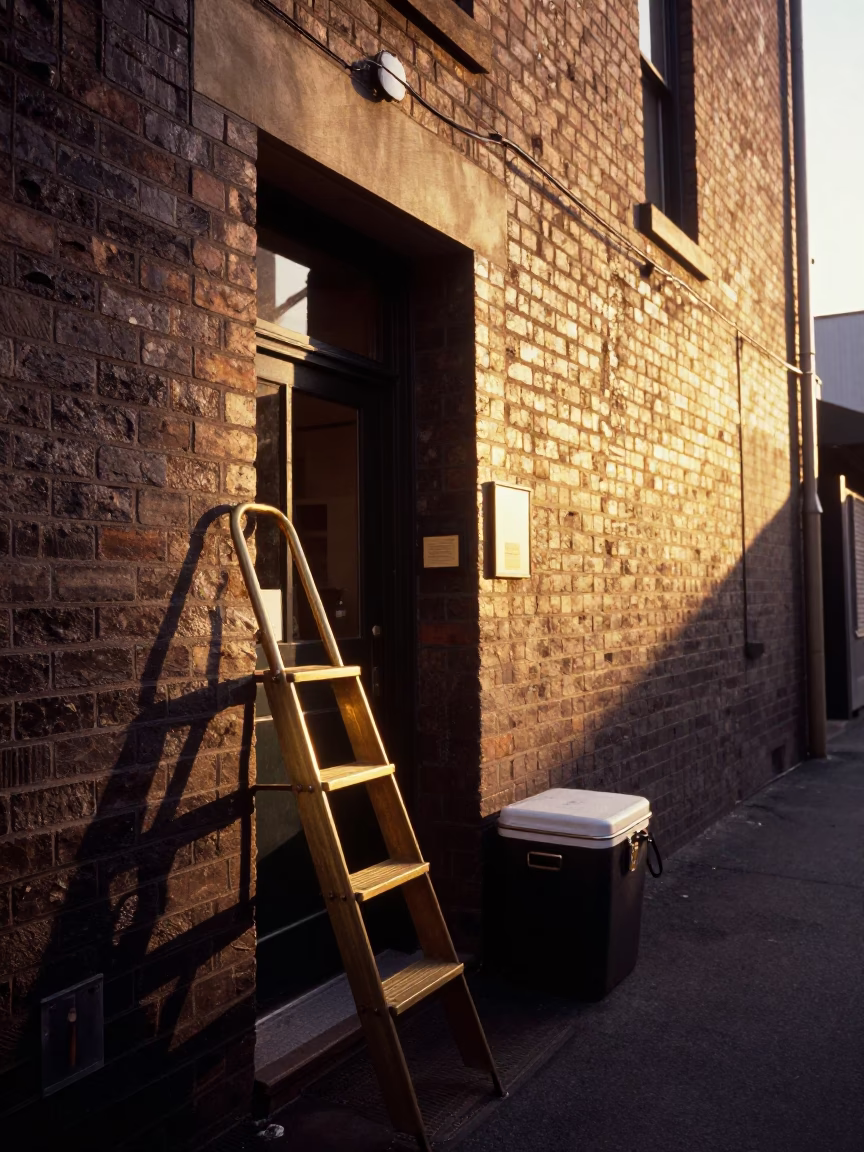 Melbourne laneway wine shop brass ladder and cooler jug at golden hour in in Melbourne, Victoria, Australia