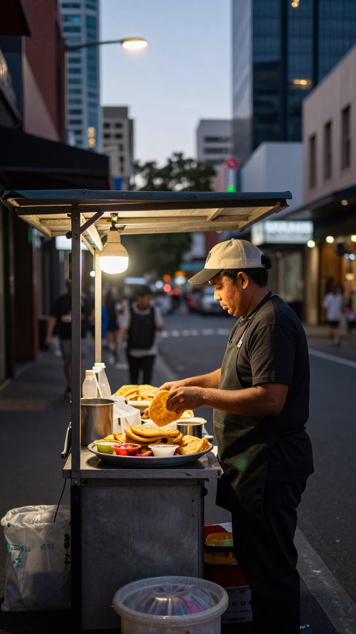 Melbourne Lanway Street Food Vendor Early Evening Candid Moment with Floral Decor in in Melbourne, Victoria, Australia