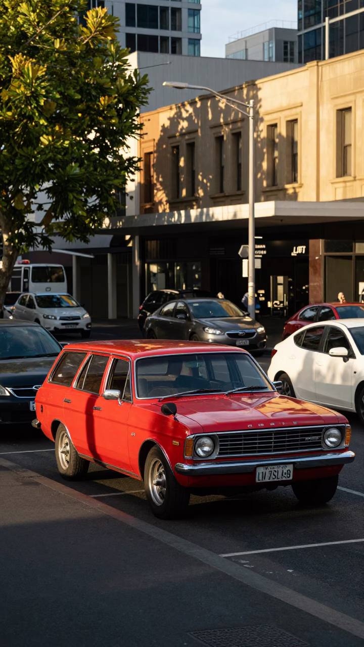 Melbourne Late Afternoon Street Scene with Vintage Cars and Coffee Shop in in Melbourne, Victoria, Australia