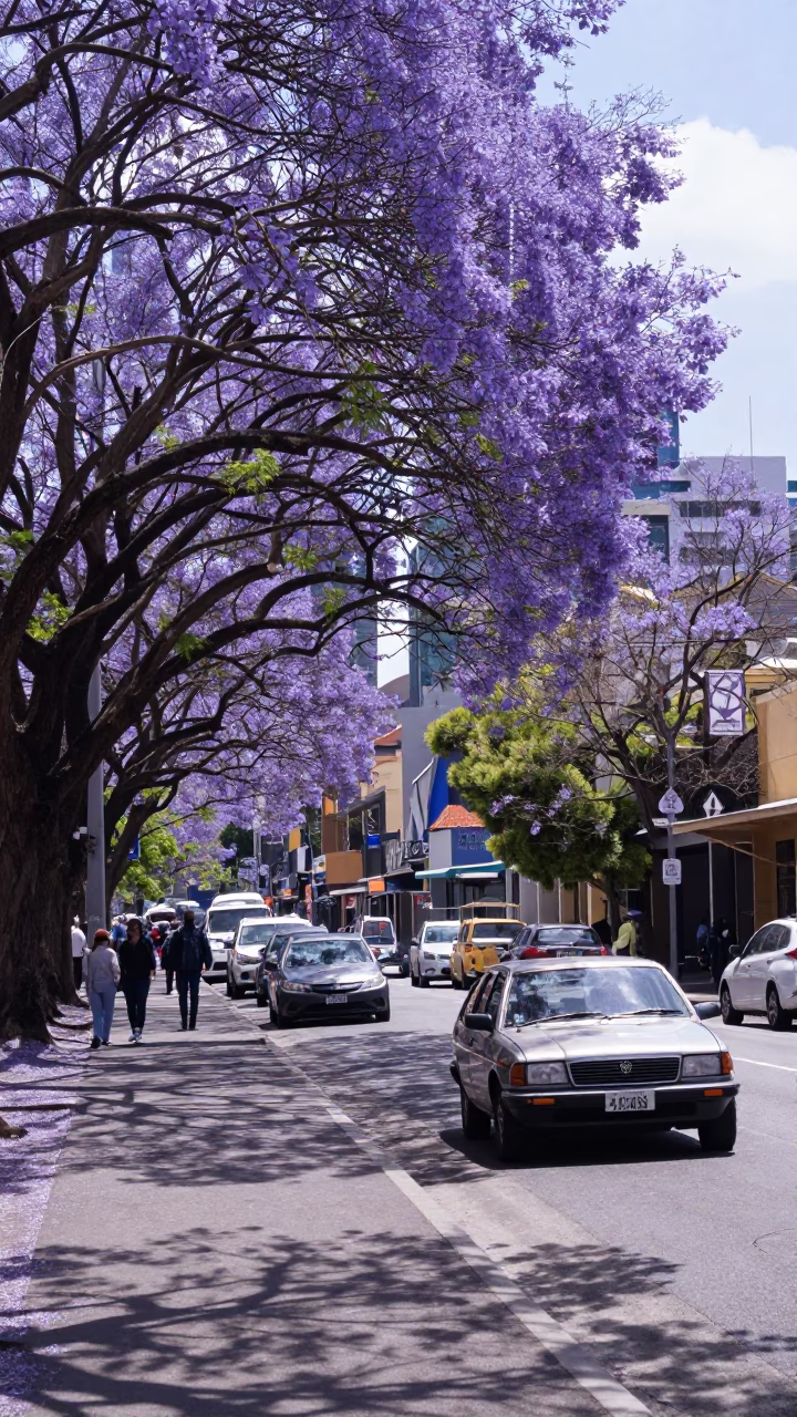 Melbourne late morning street scene with jacaranda boulevard and vintage 1970s lifestyle details in in Melbourne, Victoria, Australia