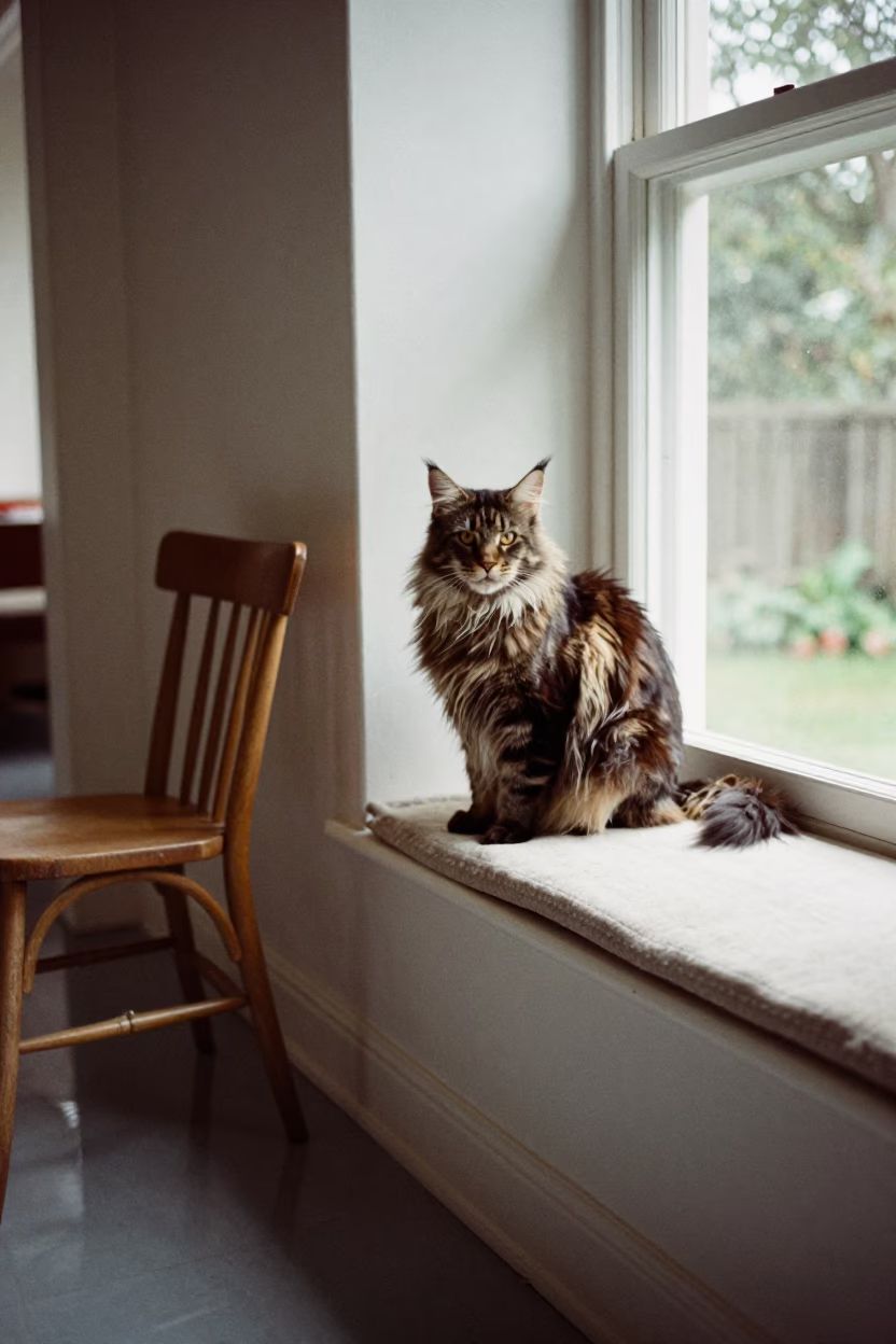 Melbourne Maine Coon on Window Seat in on a cushioned window seat with soft side light and an uncluttered background near Melbourne