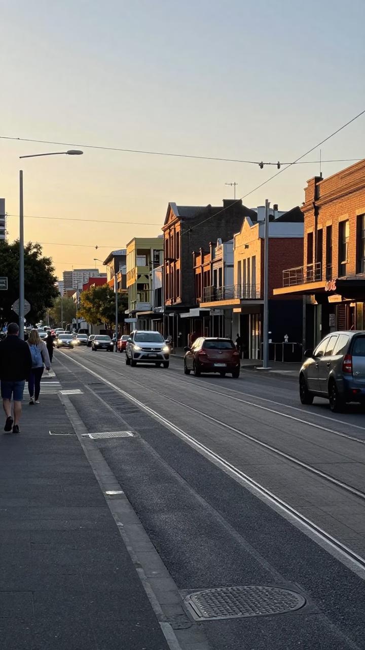Melbourne Morning Commute on Brunswick Street Near Tram Tracks at Sunrise in in Melbourne, Victoria, Australia