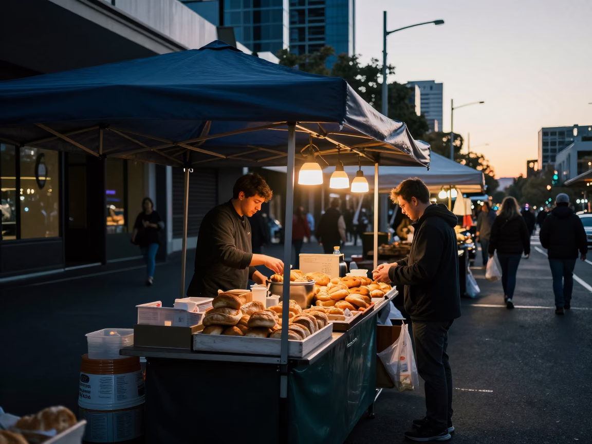 Melbourne Morning Market Stall Before Sunrise with Fresh Bread and Tea in in Melbourne, Victoria, Australia