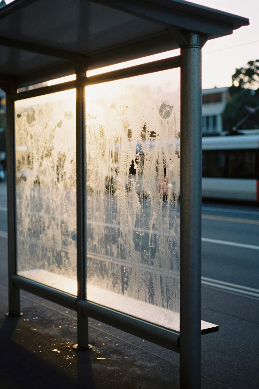 Melbourne Morning Tram Stop Condensation on Glass Frame Before Sunrise in in Melbourne, Victoria, Australia
