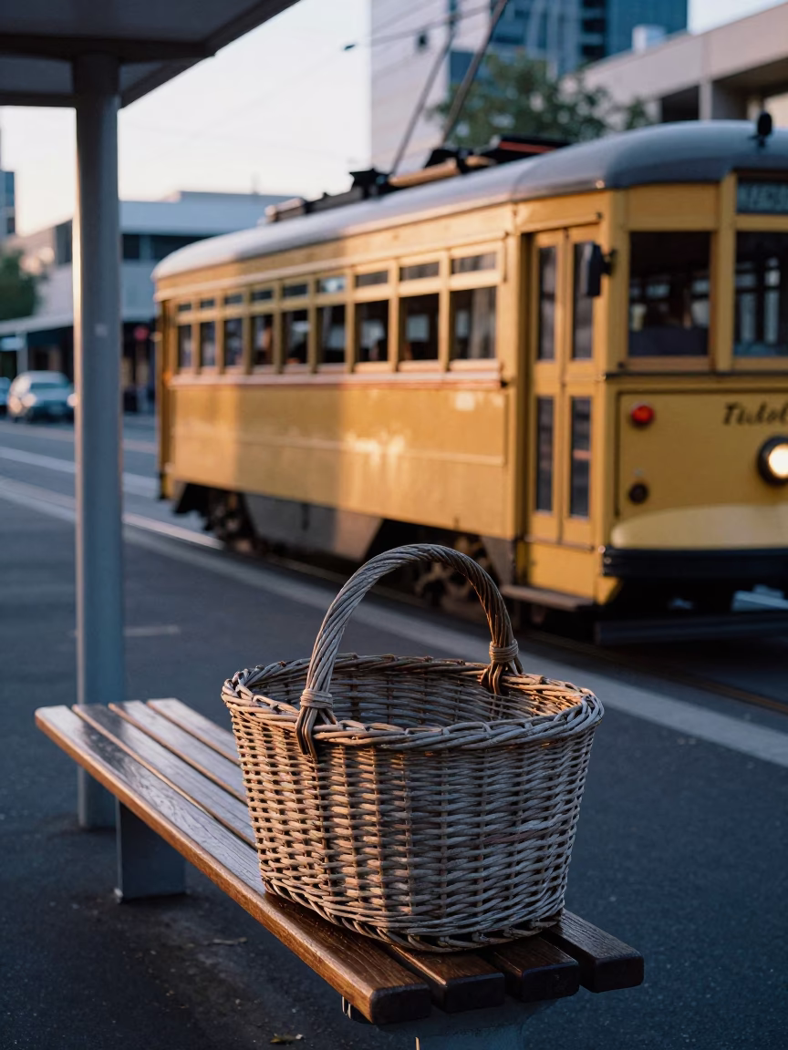 Melbourne Morning Tram Stop with Weathered Wicker Basket and Old Leather Basketball in in Melbourne, Victoria, Australia