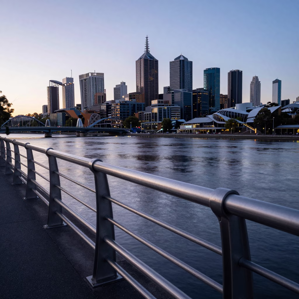 Melbourne Nautical Dawn Light Reflecting on Brushed Steel Infrastructure in in Melbourne, Victoria, Australia