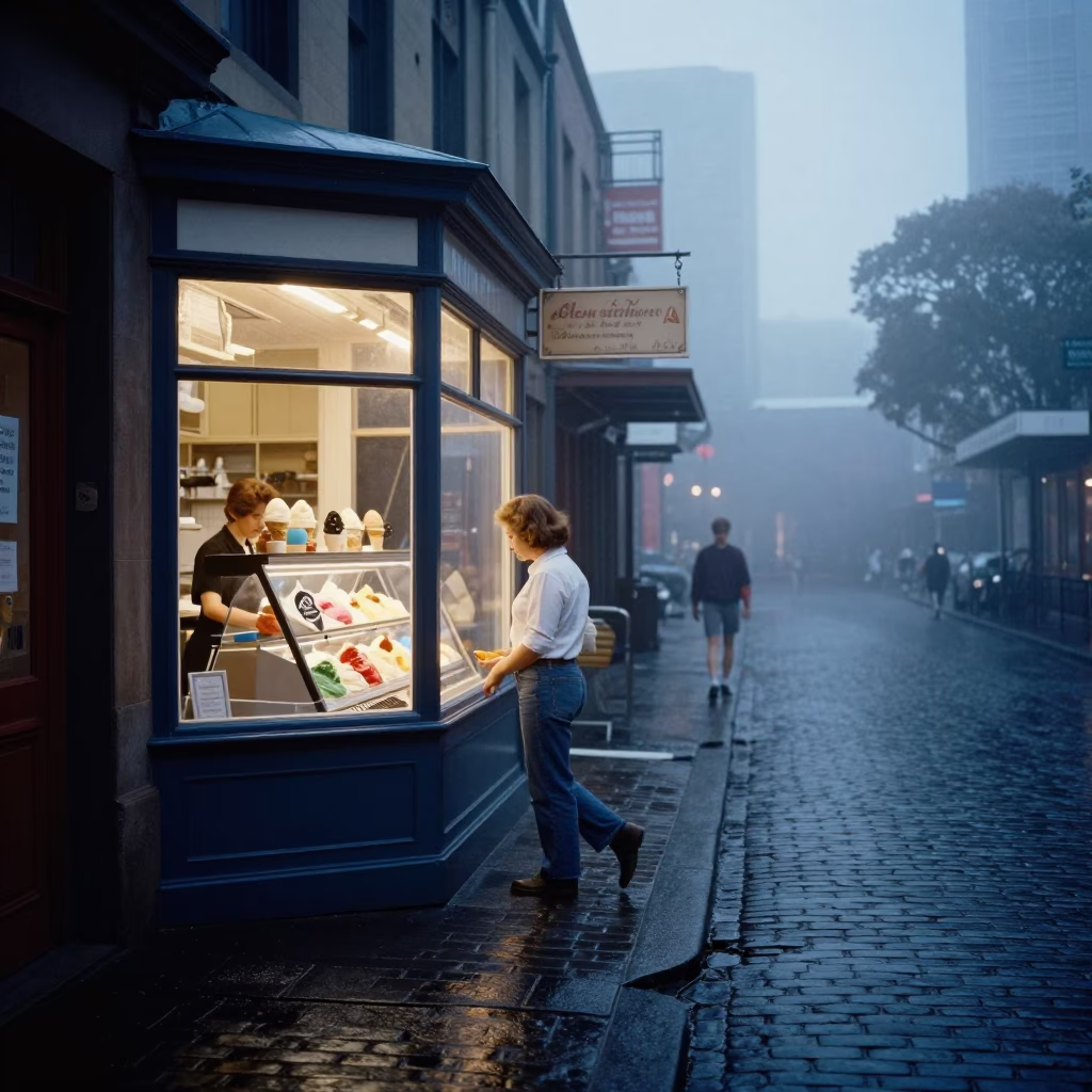 Melbourne Nautical Dawn Street Scene with Gelato Display and Foxgloves in in Melbourne, Victoria, Australia