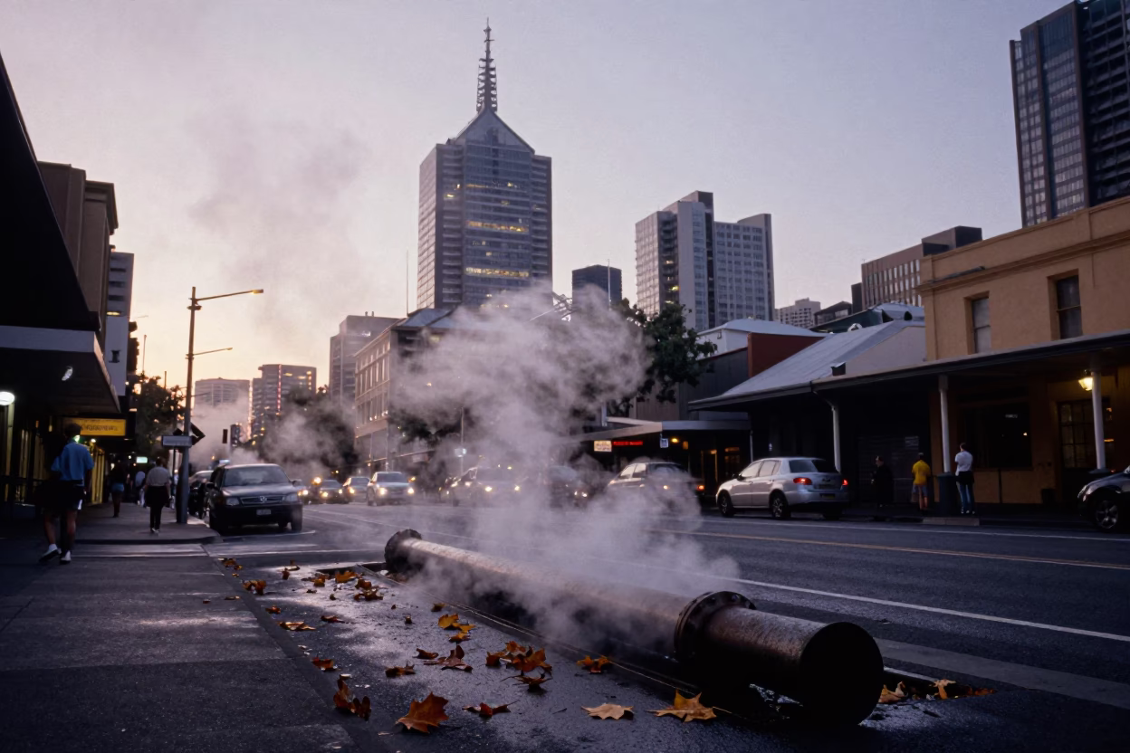 Melbourne Nautical Dawn Street Scene with Steam Rising from District Heating Pipes in in Melbourne, Victoria, Australia