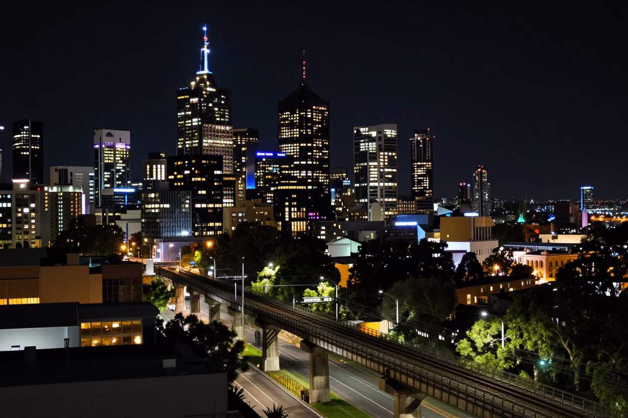 Melbourne Night Cityscape at Deep In The Night Light in in Melbourne, Victoria, Australia