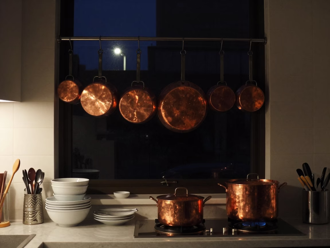 Melbourne Night Kitchen Interior with Copper Pots and Porcelain Bowl in in Melbourne, Victoria, Australia