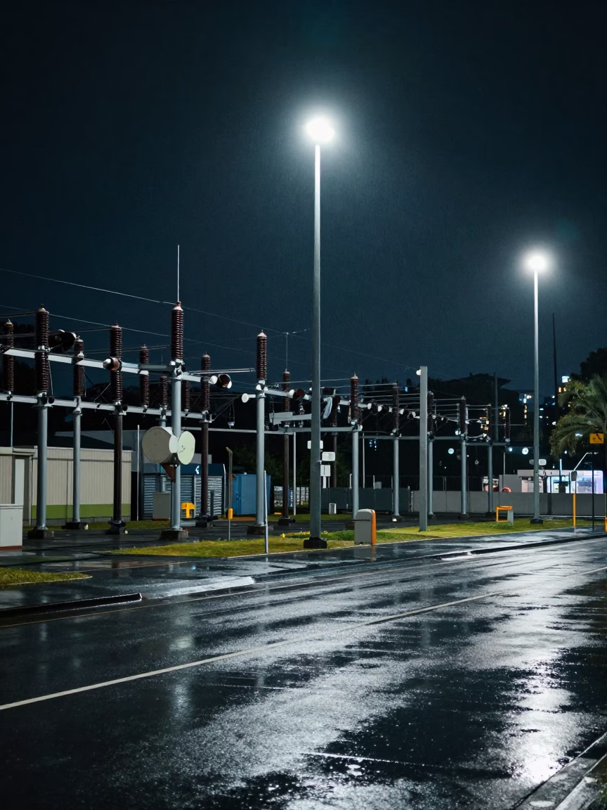 Melbourne night scene with substation insulators and urban infrastructure under deep sky in in Melbourne, Victoria, Australia