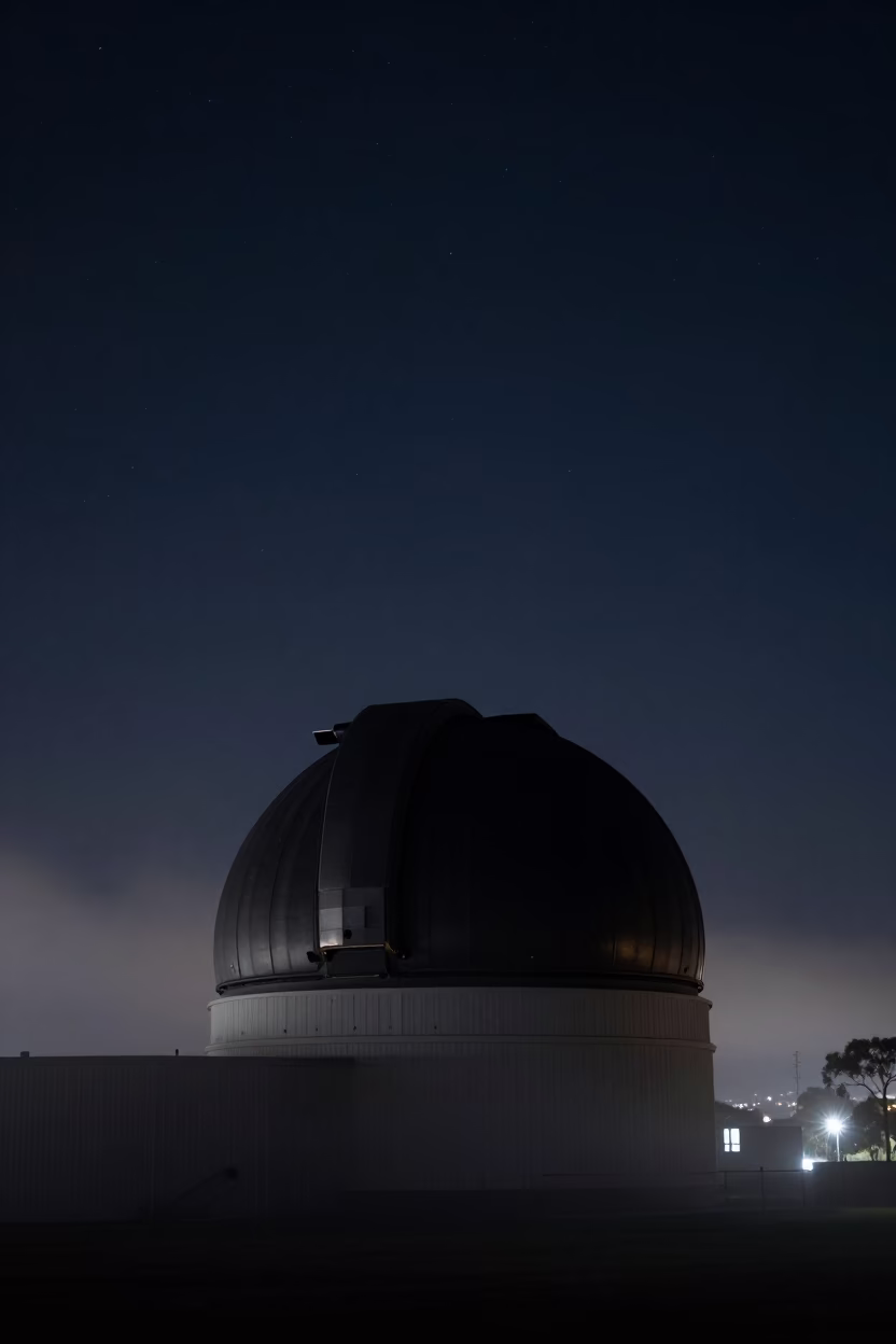 Melbourne Night Sky Observatory Dome Silhouette Above Drifting Ground Fog Deep Darkness in in Melbourne, Victoria, Australia