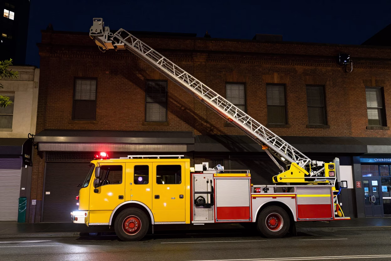 Melbourne Night Street Scene Fire Engine Ladder Extended Against Deep Dark Sky Victoria Australia in in Melbourne, Victoria, Australia
