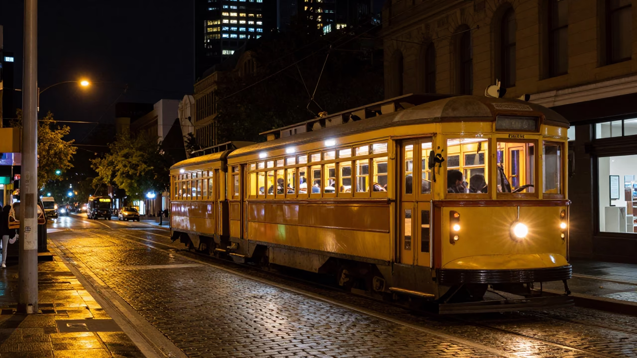 Melbourne Night Street Scene with Heritage Tram and Cobblestone Avenue at Deep Night in in Melbourne, Victoria, Australia