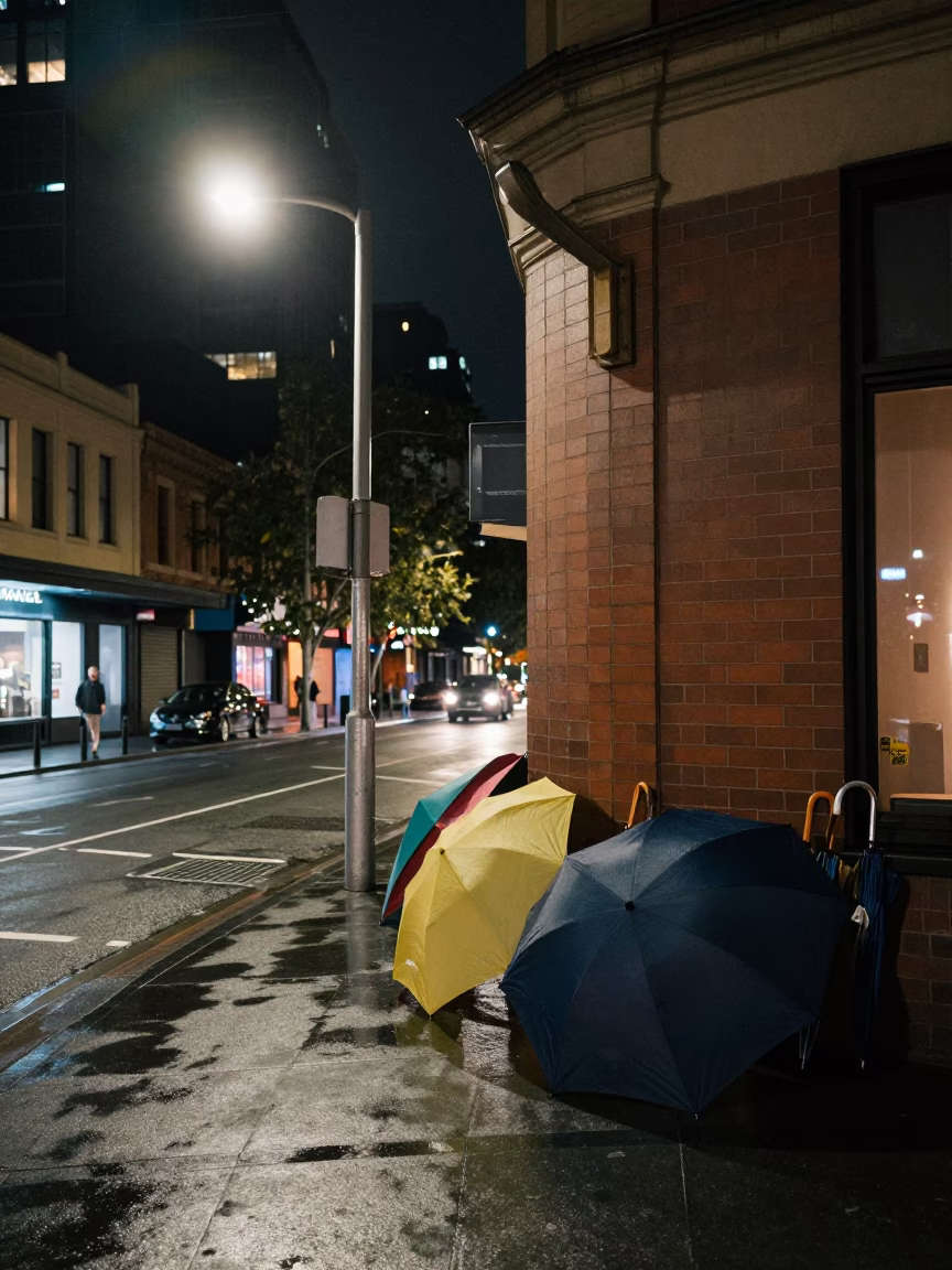 Melbourne Night Street Scene with Umbrellas and Urban Architecture in in Melbourne, Victoria, Australia