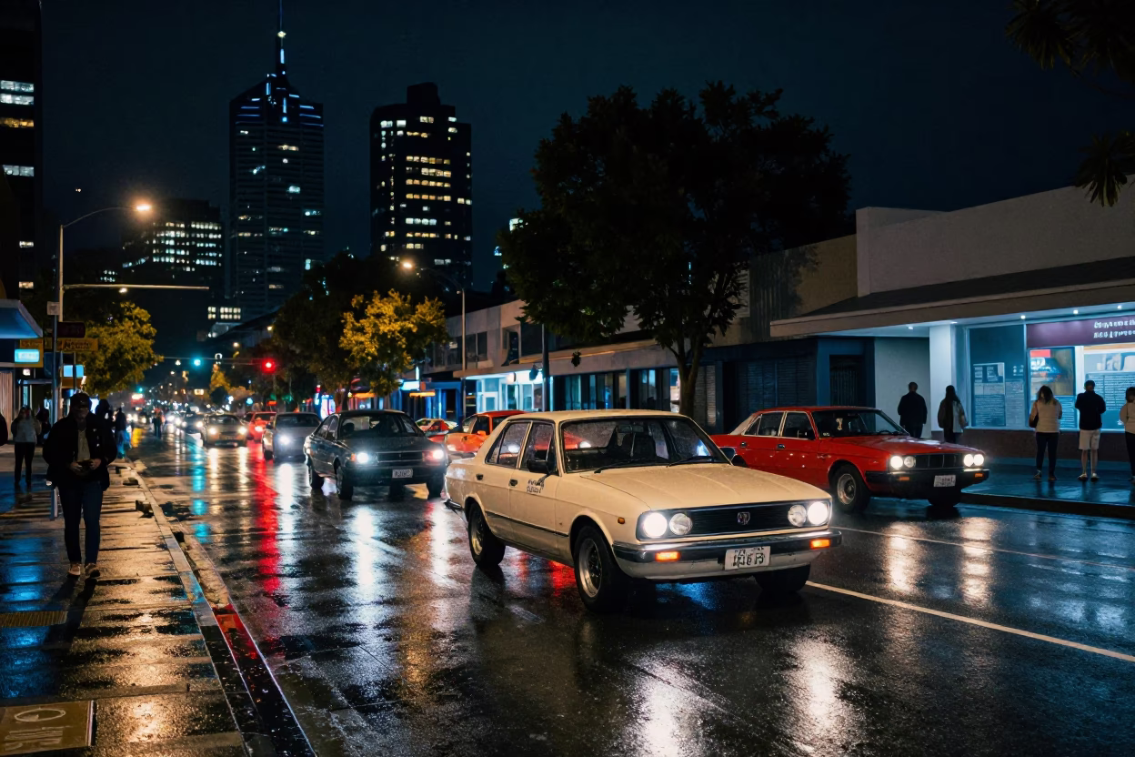 Melbourne Night Street Scene with Vintage Car Rally and Local Interaction in in Melbourne, Victoria, Australia