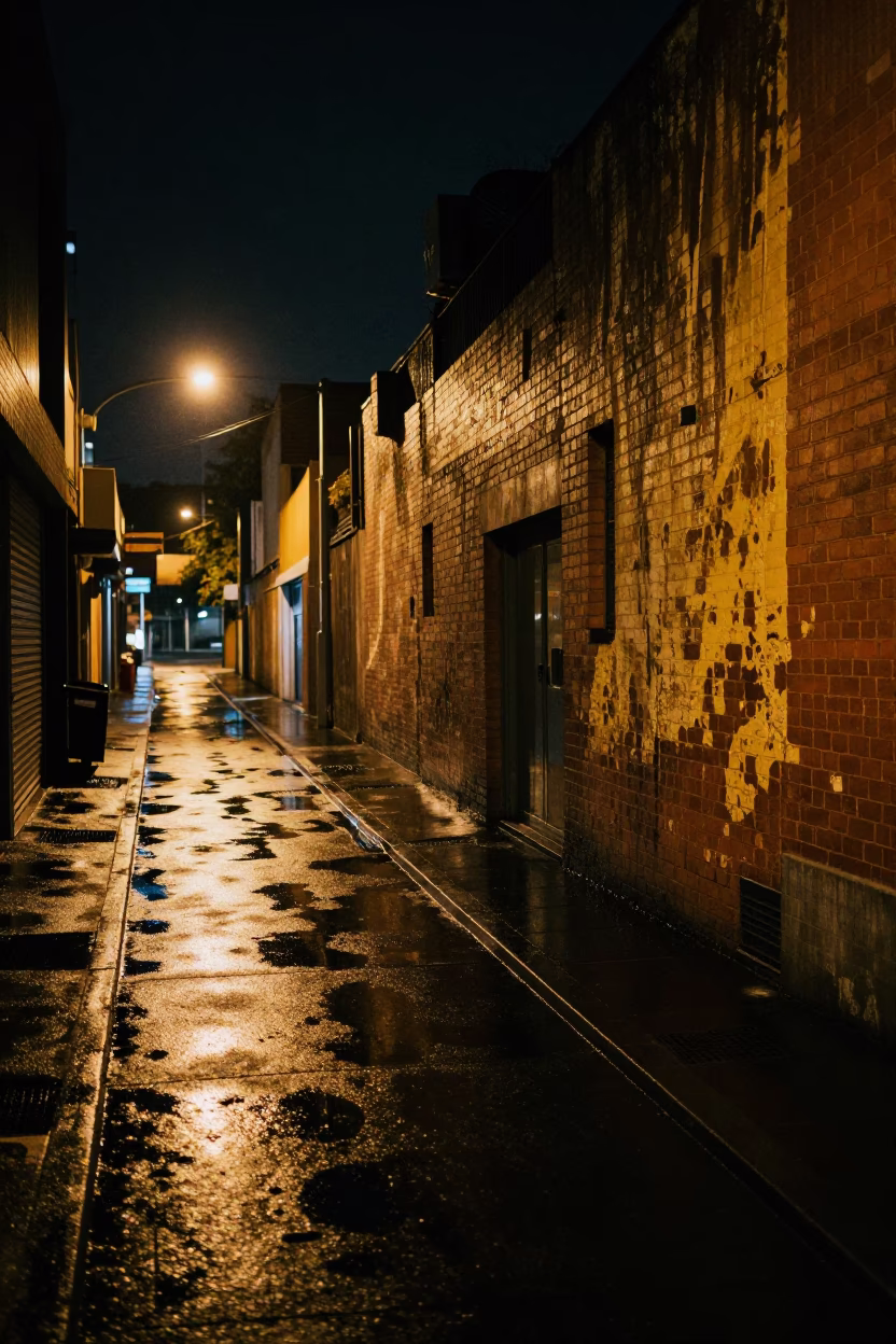 Melbourne Night Street Scene with Water Stains and Urban Decay in in Melbourne, Victoria, Australia