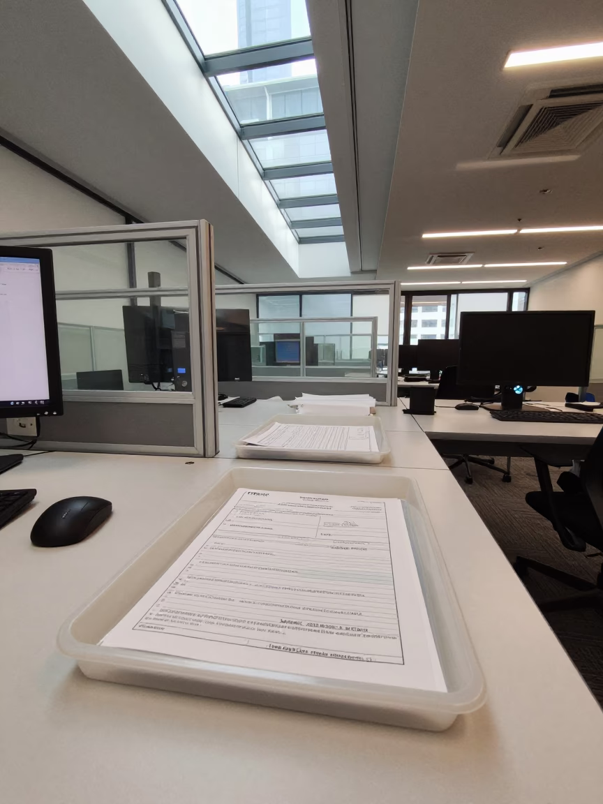 Melbourne Office Envelope Tray Noon Glow in in an operations center under monitor glow in Melbourne