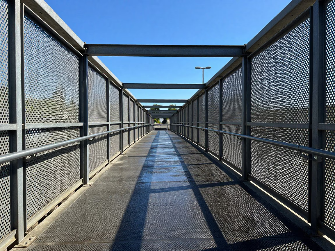 Melbourne Pedestrian Overpass with Perforated Metal and Wet Footsteps at Noon in in Melbourne, Victoria, Australia