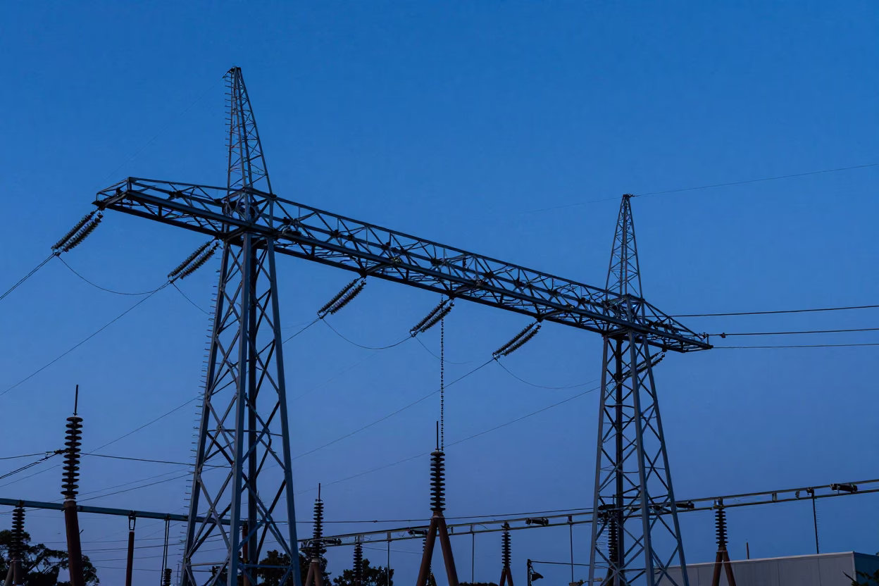 Melbourne Power Substation Lattice Under Pre-Dawn Cobalt Twilight Sky in in Melbourne, Victoria, Australia